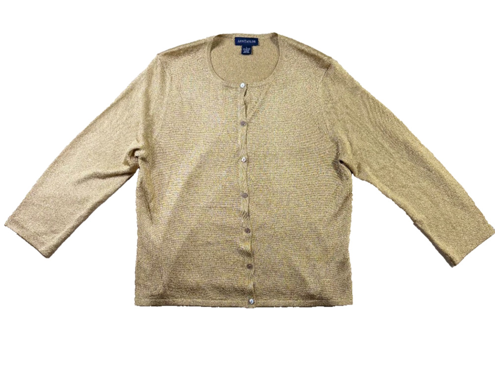 Ann Taylor Gold Shimmer Knit Crewneck Cardigan Sweater Women's Large EUC